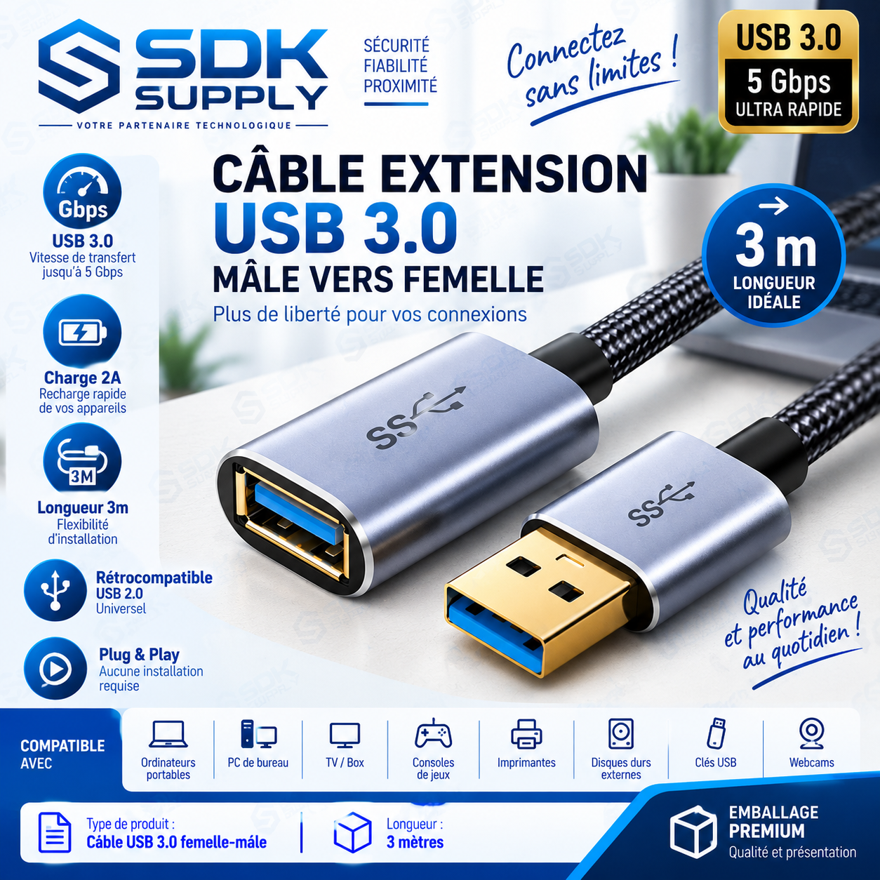 Câble USB femelle-mâle 3 m