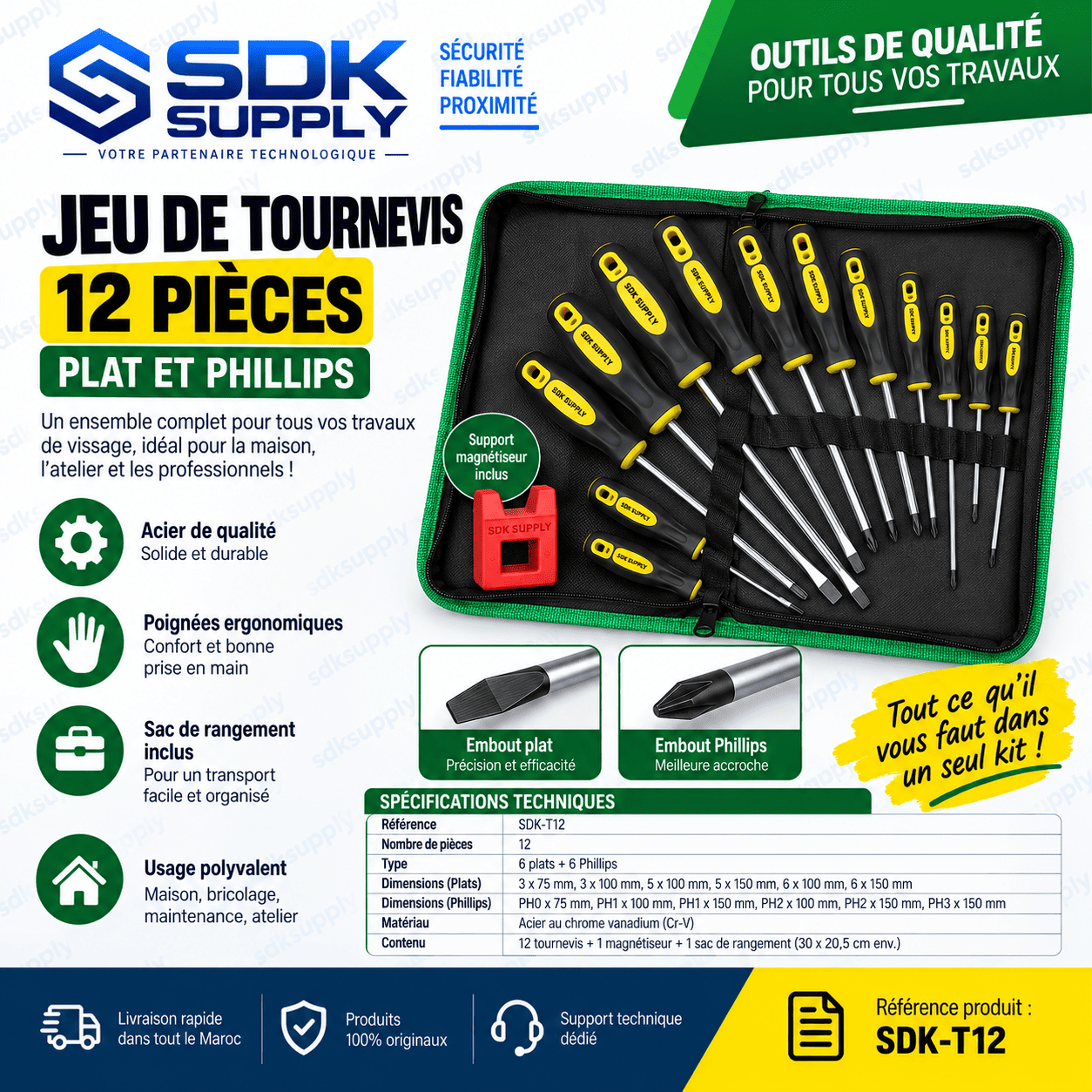 Jeu de Tournevis 12 Pièces Plat et Phillips