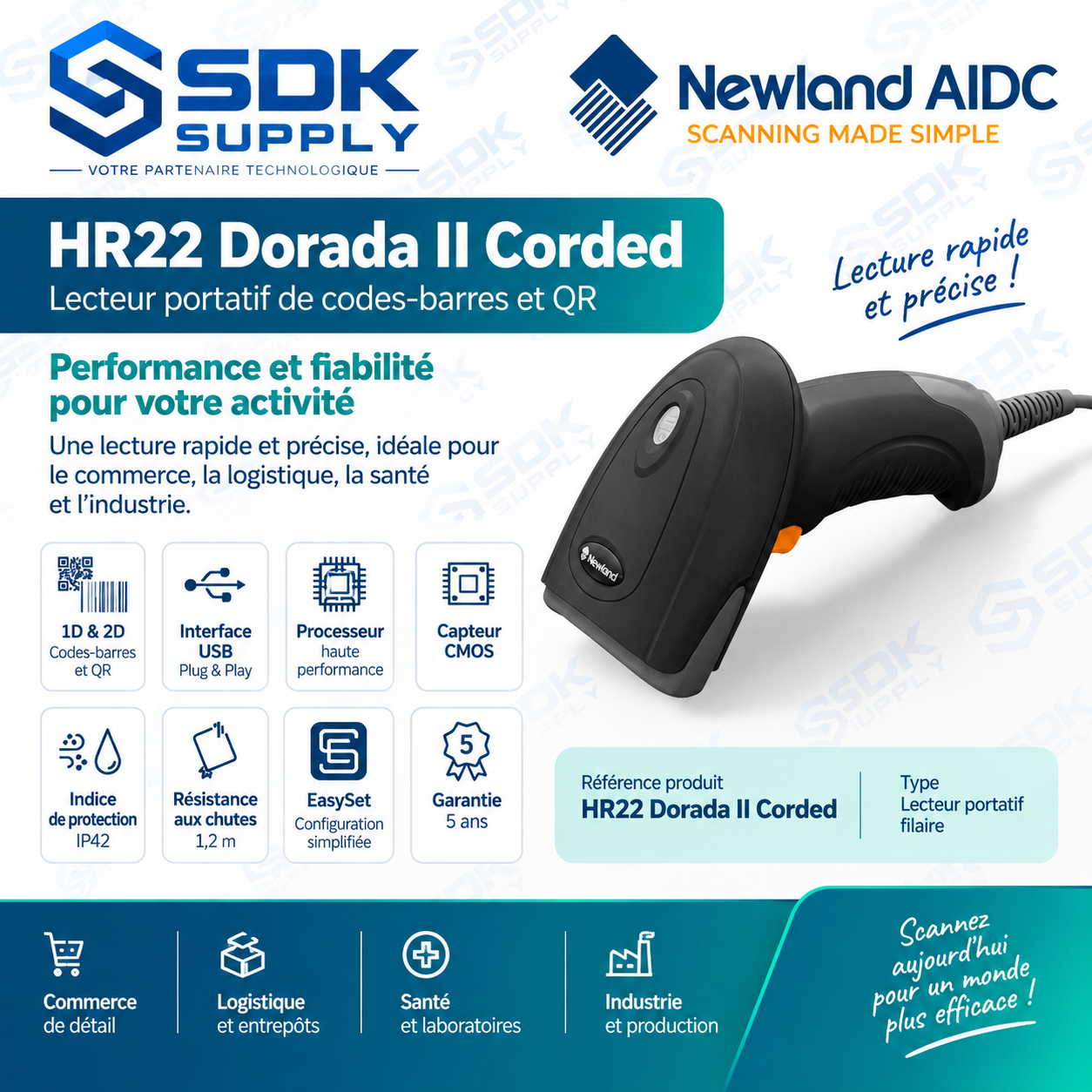 Scanner de Codes-Barres Newland HR22 Dorada II